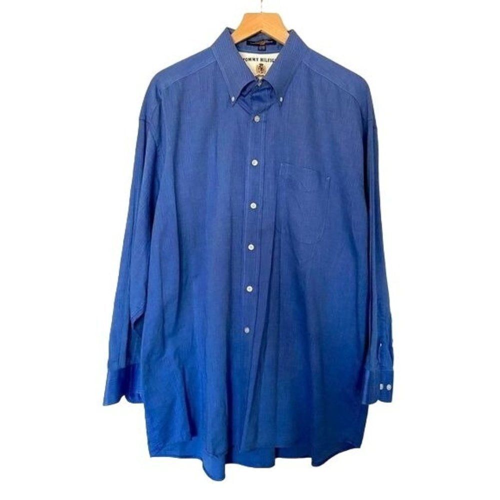 Tommy Hilfiger Size 17 1/2 32-33 Blue Long Sleeve Button Down Cotton Dress Shirt